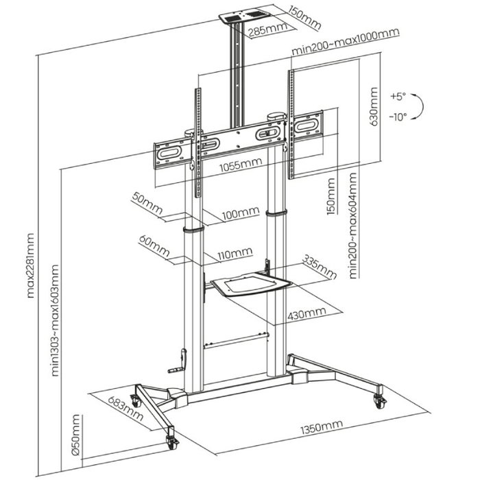 Aisens Soporte de Suelo ECO con Ruedas y Manivela Negro Aisens Soporte de Suelo ECO con Ruedas y Manivela Negro